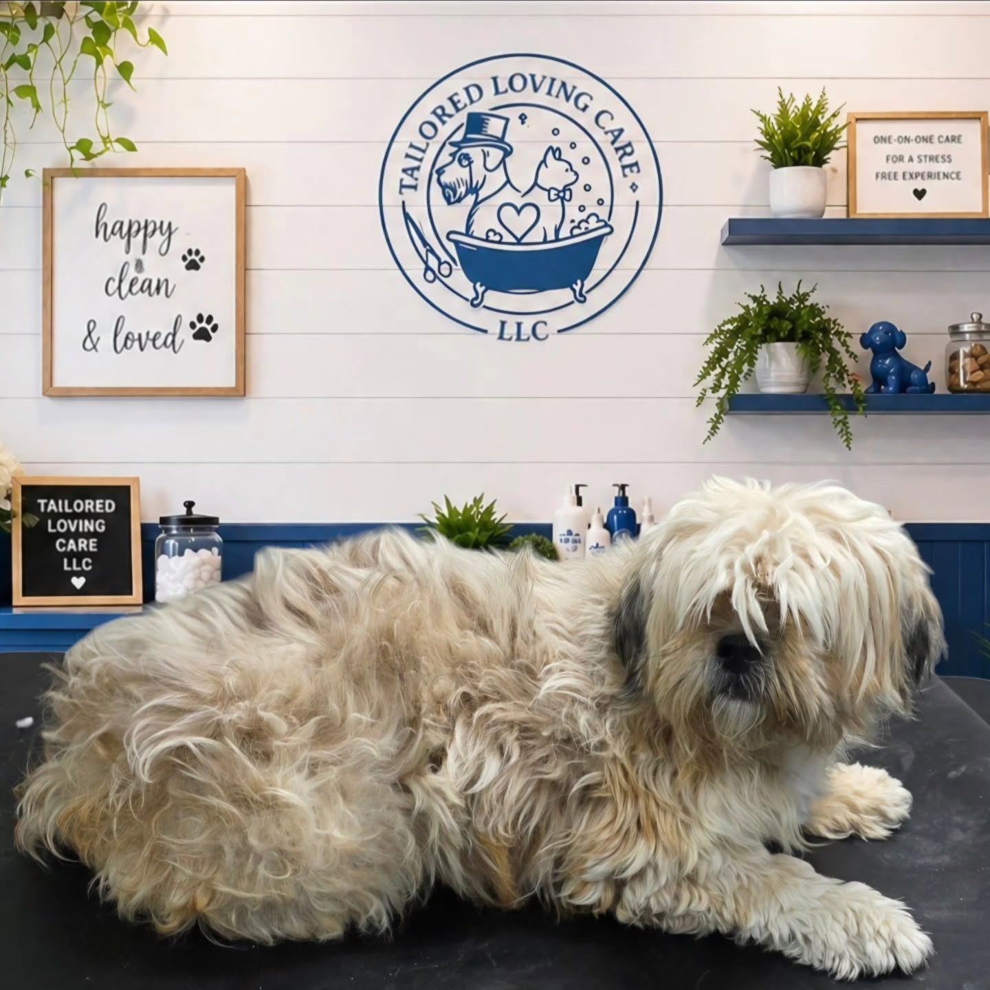 Dog before coat-care grooming at Tailored Loving Care